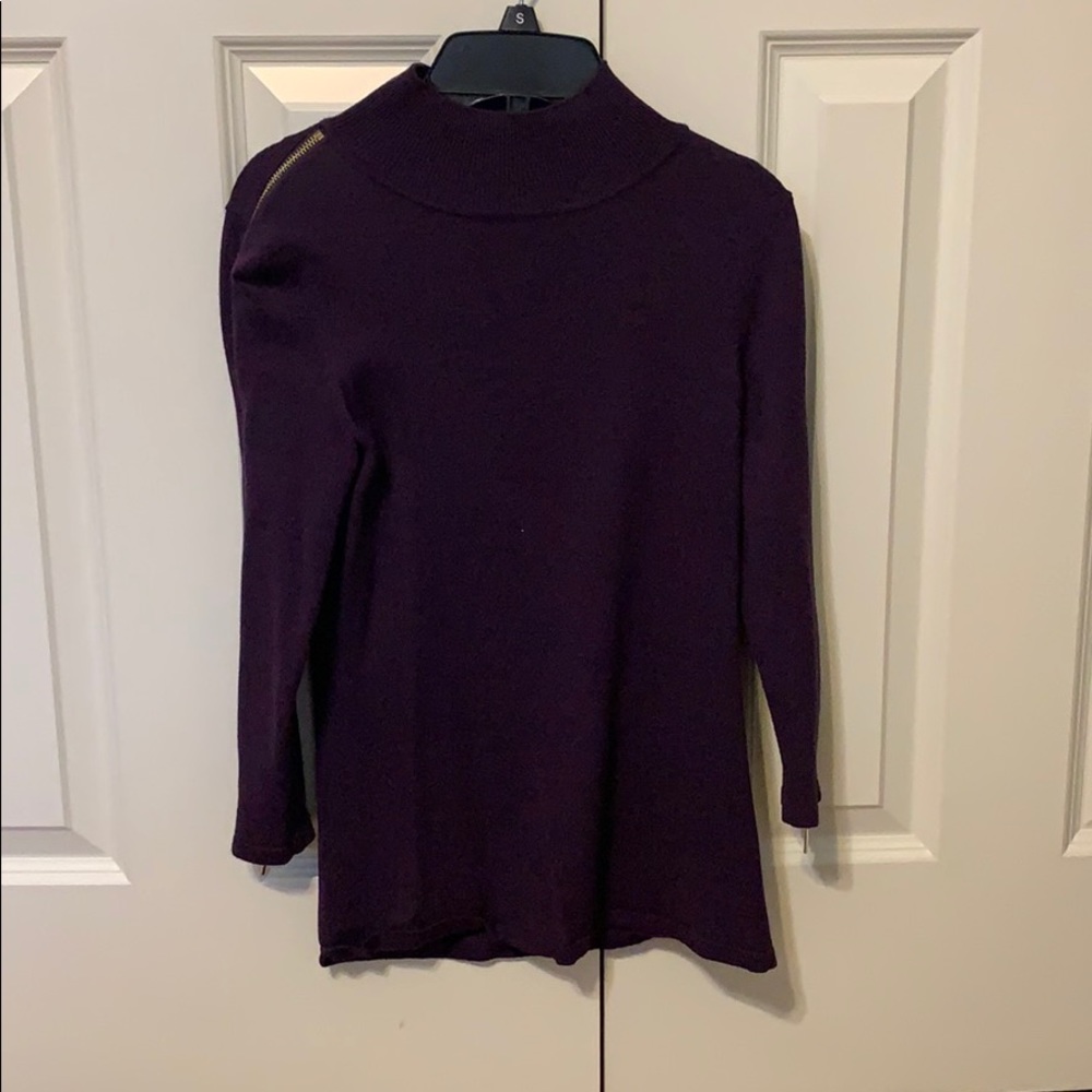 Plum turtleneck sweater with gold zipper sleeves